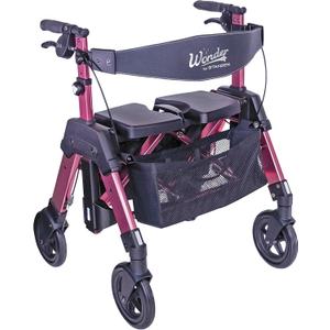 Stander Wonder Bariatric Rollator, Heavy Duty Folding Rolling Walker for Adults, Seniors, 500-pound Weight Capacity, Large 8-inch Wheels, Locking Brakes, Wide Seat with Backrest, Regal Rose