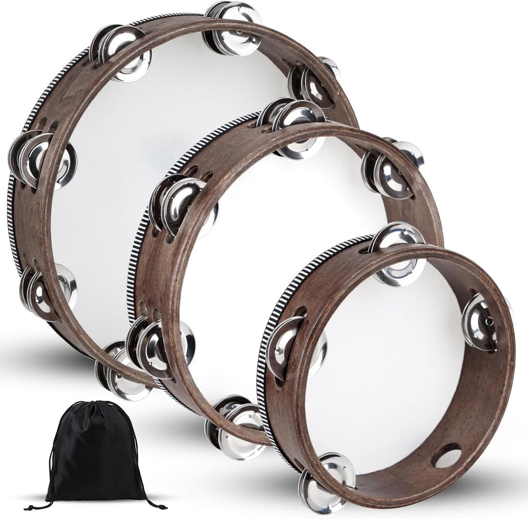 Wooden Hand Held Percussion Tambourine with Storage Bag - 6+8+10 Inches, Ideal for Church, Wedding, Party, Dance, Photo Shoot
