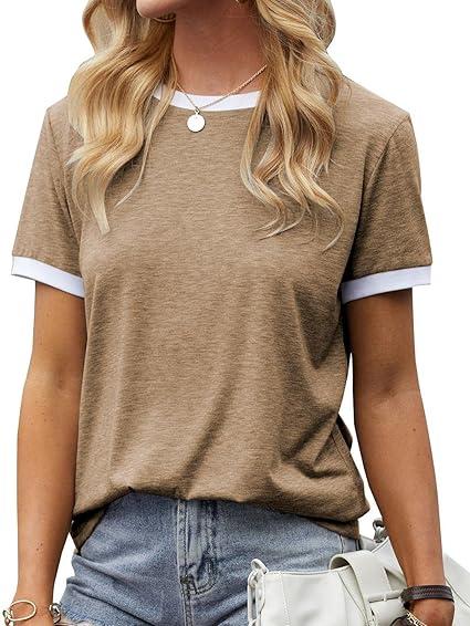 Womens T Shirt Short Sleeve Crew Neck Basic Color Block Tee Tops (Small)