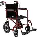 Medline Foldable Transport Wheelchair with Handbrakes and 12-Inch Wheels, Red Frame, Black Upholstery