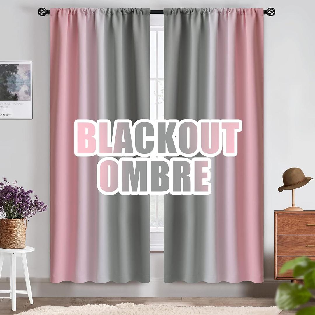 COSVIYA Ombre Room Darkening Curtains 72 inches Length for Girls Bedroom, Light Blocking Pink and Grey 2 Tone Reversible Rod Pocket Gradient Window Drapes for Living Room,2 Panels, 52 inches Wide
