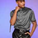 WDIRARA Men's Button Front Short Sleeve Fringe Trim Party Shirt Collar Club Tops (Gray, XL)