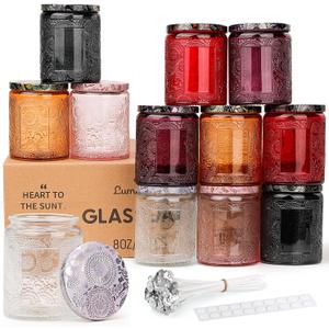 LumaCraft Luxury Embossed Glass Candle Jars for Making Candles - 12 Pack Empty Candle Containers with Airtight Metal Lids, 20 Wicks & 20 Stickers, Colored Glass Jars for Gifts & Decor-8OZ