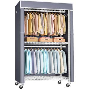 FUTASSI White Clothing Rack with Grey Cover, P1C Rolling Closet Rack with Wheels, Metal Garment Rack for Hanging Clothes, Clothing Storage Wardrobe, 36.2" W x 16.5" D x 80.5" H, Load 450 Pounds