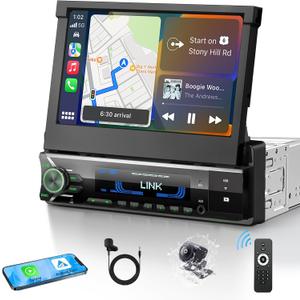 Tonikpms-T 2026 Single Din Car Stereo with Wireless Apple CarPlay & Android Auto, 7-inch HD Motorized Flip-Out Touchscreen Head Unit, Bluetooth 5.1, Type-A Fast Charge, Backup Camera, DSP, AM/FM Radio Receiver