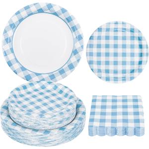 150Pcs Light Blue Gingham Party Supplies Blue Gingham Paper Plates and Napkins Blue Plaid Plates Disposable Blue and White Plaid Party Decor for Baby Shower Family Picnic BBQ,Serves 50 Guests