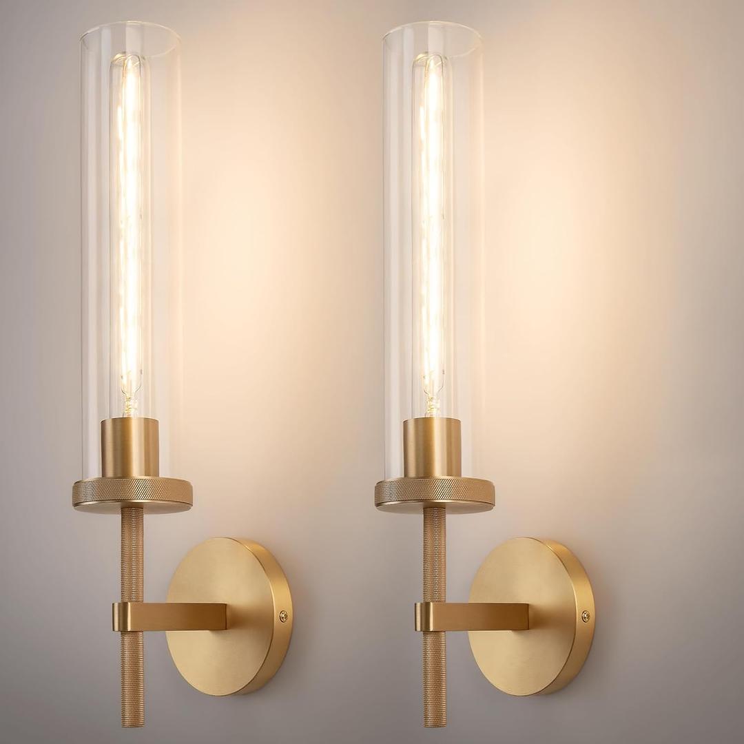 19.5" Knurled Brass Wall Sconces Set of 2, Gold Bathroom Vanity Light Fixtures with Clear Glass Tube, Modern Lamp Lighting for Bedroom, Living Room, Hallway, Staircase, Mirror, Kitchen