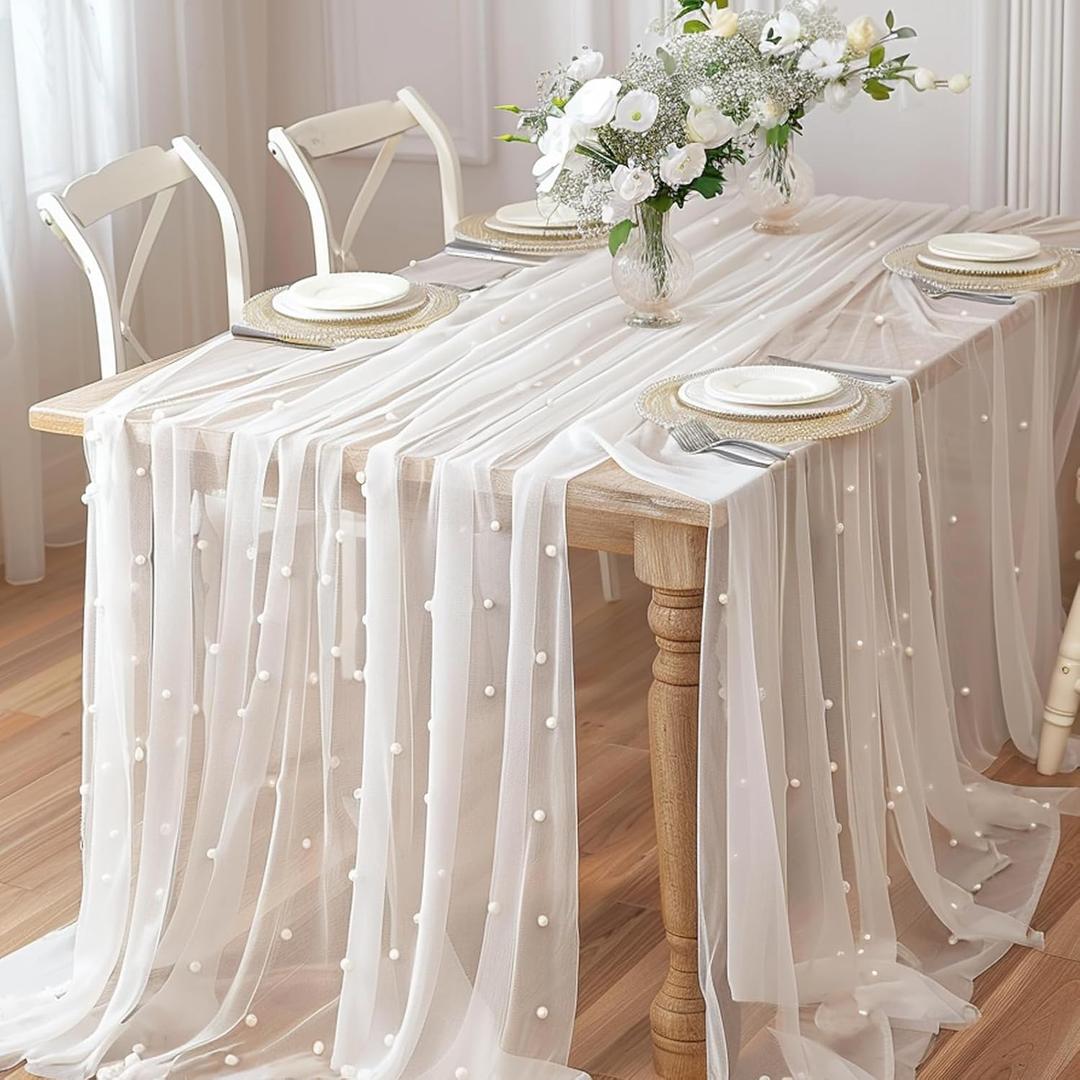 White Pearl Table Runner Tulle Fabric Lace Tablecloth Beaded Pearl Table Cover Mesh Sheer Table Cloth for Bridal Shower Birthday Party Wedding Arch Veil Dessert Table Decorations 63 x118 Inches