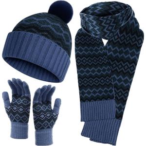 Winter Beanie Hat Scarf Gloves Set for Women Men Warm Hat Long Knit Scarf Glove Cold Weather Winter Gift for Adult (Black, Blue)