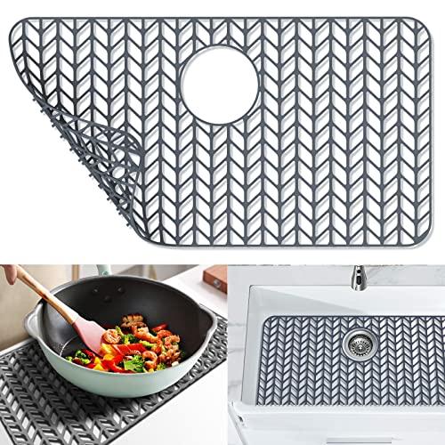 JOOKKI Sink Protectors for Kitchen Sink 12"13"16"18"19"24"26"28"29"30",Silicone kitchen sink mats protector for bottom of farmhouse sink(26"x14"Rear Drain Gray)