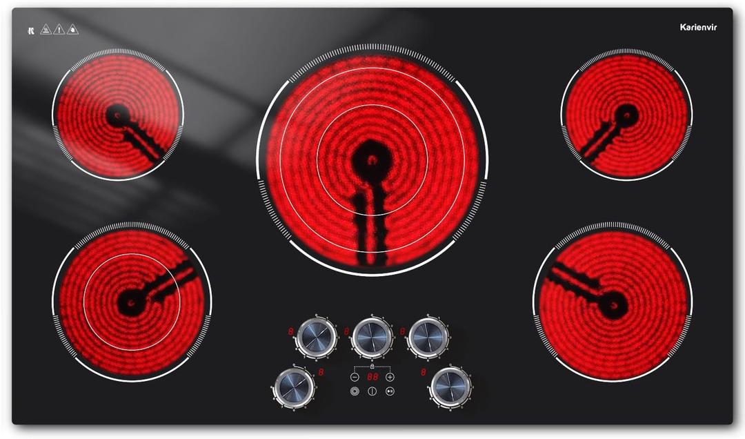 Electric Cooktop 36 Inch Karienvir, 5 Burner 9200W Electric Stove Top with Dual-Ring & Triple-Ring Burners, 220V-240V Hardwired Cooktop, 36" Cook top With Knob Control 9 Level Power, Timer, Lock