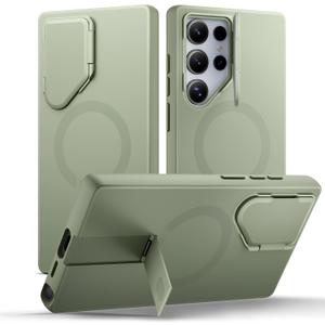 SURITCH for Samsung Galaxy S24 Ultra Phone Case, Magnetic Protective Cover with Camera Cover & Adjustable Metal Kickstand for Galaxy S24 Ultra (2024)-Sage Green
