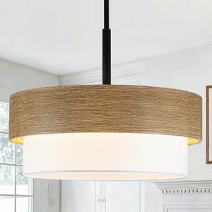 19.6" Rustic Drum Chandelier, 4-Light Wood Texture Pendant Lighting with White Fabric Shade, Farmhouse Chandeliers for Dining Room, Kitchen Island, Bedroom, Living Room, Office