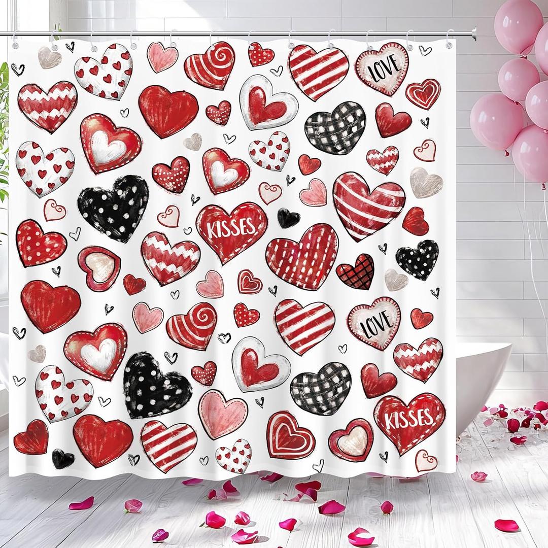 72"x72" Valentines Shower Curtain for Bathroom with 12 Hooks, Oil Painting Red Black Pink Heart Valentine's Day Shower Curtain for Bathroom Heart Decorations Romantic Waterproof Bath Set