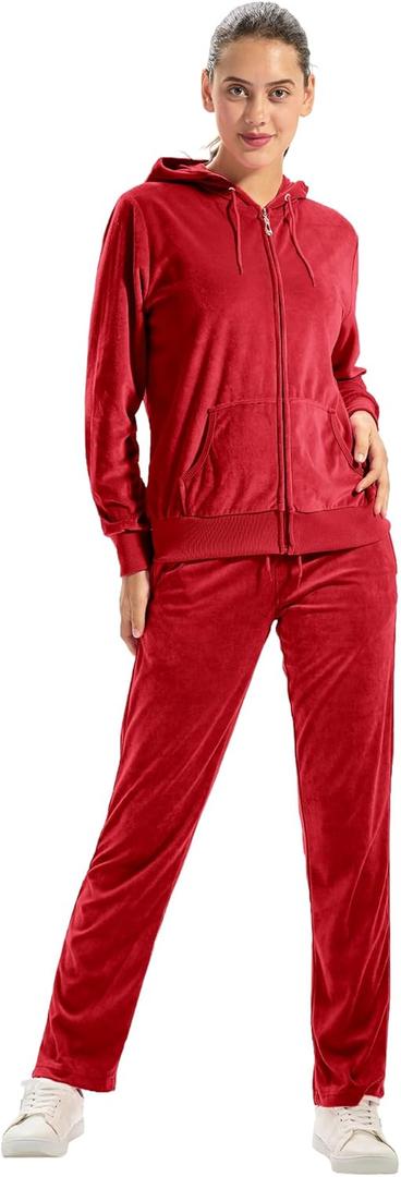 TanBridge Women's 2 Piece Solid Velvet Tracksuit Set Full Zip-up Hooded Sweatshirts & Pants Set (Brick Red) Small