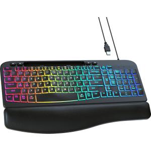 VEILZOR Wired Ergonomic Keyboard, 7-Color Backlit USB Computer Keyboard with Wrist Rest, Wave Keys, Phone Holder, Lighted Keyboard Compatible with PC, Laptop, Windows, and Mac (Black)