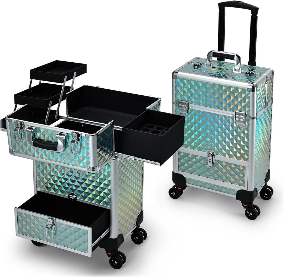 Blue Rolling Makeup Case with Drawer Travel Trolley Cosmetology Case on Wheel Makeup Storage Salon Barber Case Traveling Cart Trunk for Cosmetologist Nail Tech Hairstylist, 13.4"L x 9.4"W x 19.1"H