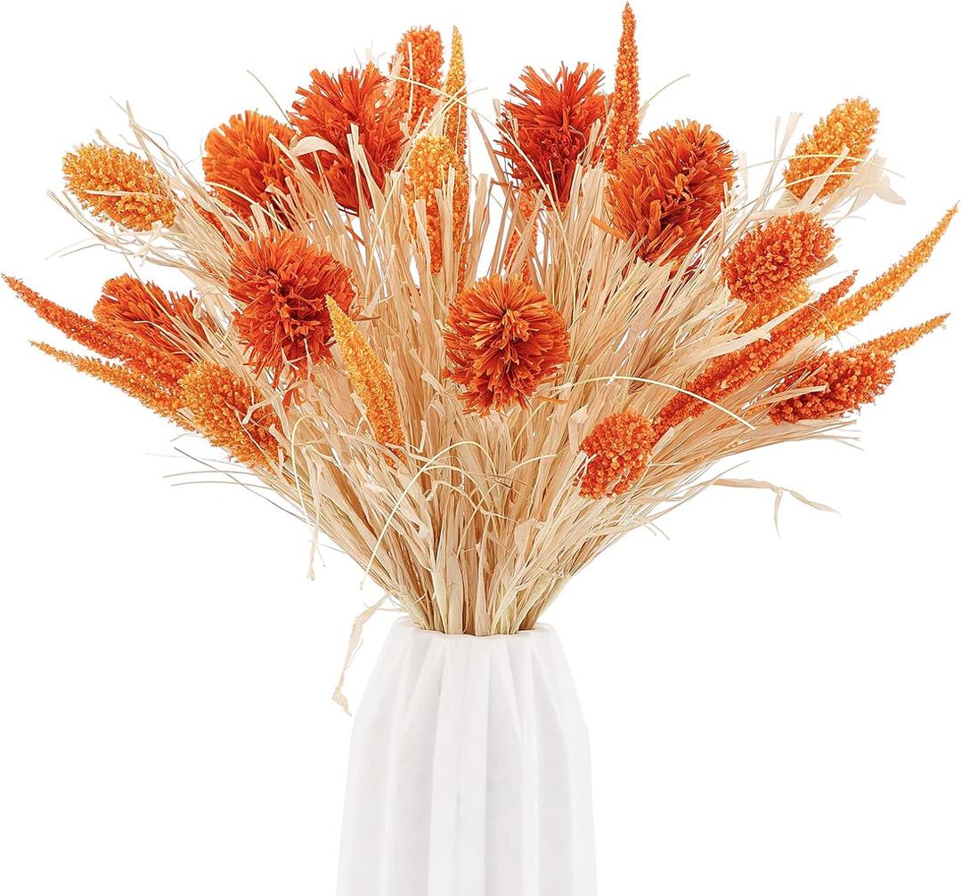 Artificial Husk Thistle Bush Flowers,Faux Wheat and Sorghum Grass Floral for Home Decor,Fake Plant Greenery Bouquets for Autumn and Thanksgiving DIY Decorations,A Pack of 2,Orange (W1358)