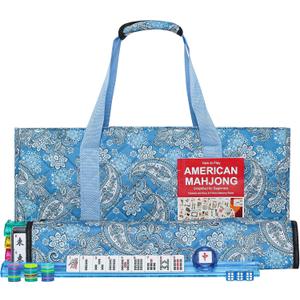 American Mahjong Game Set, 166 Quality White Tiles, 4 All-in-One Color Rack/Pushers, Mahjong Tile Set with Light Blue Printed Carrying Bag