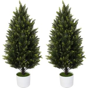 2 Pack 3Ft Artificial Cedar Topiary Trees, Faux Pine Cypress Plants, UV Resistant Fake Cypress Shrubs with Pots, Realistic Evergreen Bushes for Front Porch Indoor Outdoor Garden Decor