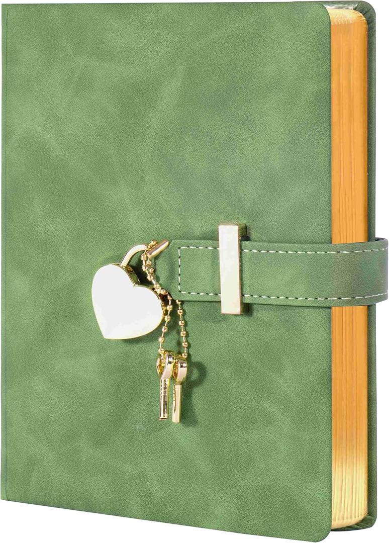 CAGIE Diary with Lock for Girls Ages 8-12 Journal with Lock and Key 296 Gold Edged Pages Heart-Shaped Locked Journal for Women Teen Girls with Gift Box, Green