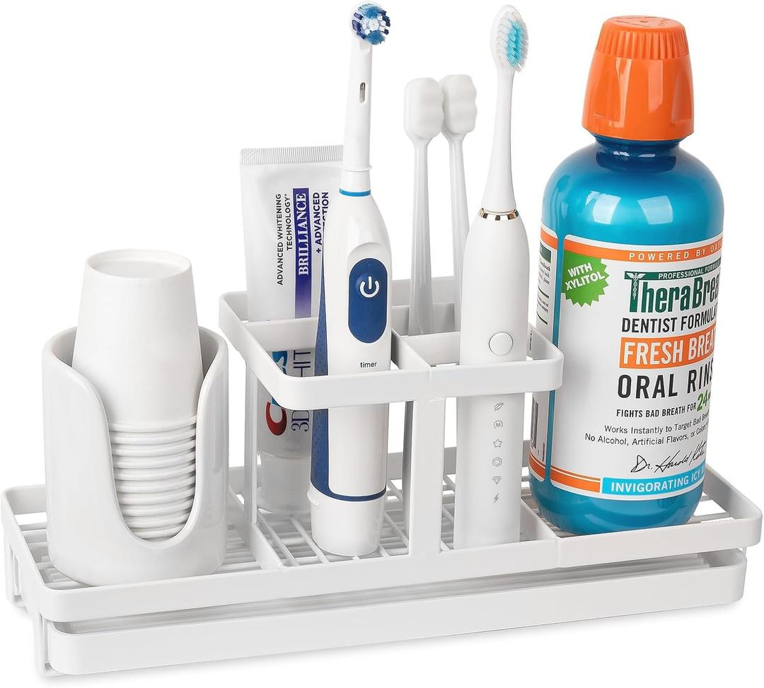 Toothbrush Holders for Bathrooms, Carbon Steel Tooth Brushing Holder Electric Toothbrush and Toothpaste Organizer Bathroom Accessories for Countertop, Shower, Sink, 5 Slots, White (Large)