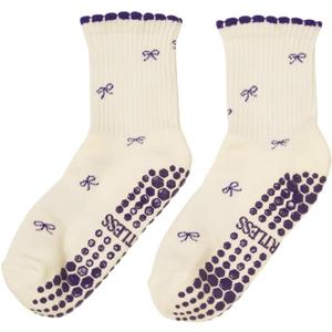 Shapes Studio Crew Half Calf Grip Socks, Cutest Fruits Pilates Socks, Ruffle socks, Non-Slip, Barre Yoga Fitness (5-10, Mini Bow (Indigo))