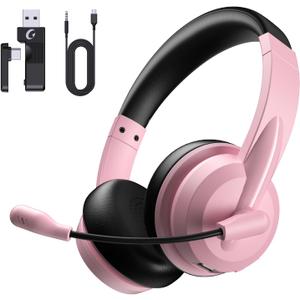 Wireless Headset with Mic for Work with AI Noise Cancelling Mic for Clear Calls, Bluetooth V5.3 Headphones with Microphone to USB A/C Dongle & Mic Mute for Computer Laptop PC iPhone (Pink Black)