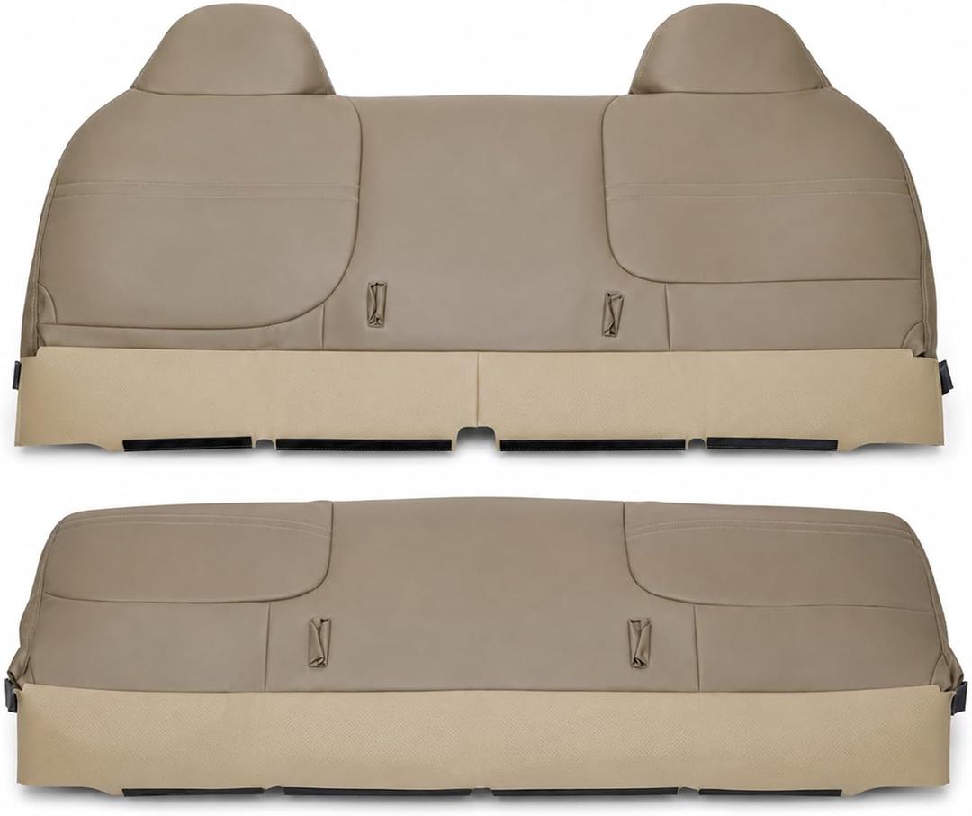 FZJDSD Med Prairie Tan Full Bench Seat Cover Replacement Compatible with Ford F250 F350 F450 F550 XL 1999-2002 Front Bottom & Top Microfiber Leather Work Truck #KH VH VX KX Fits Crew/Quad/Single Cab