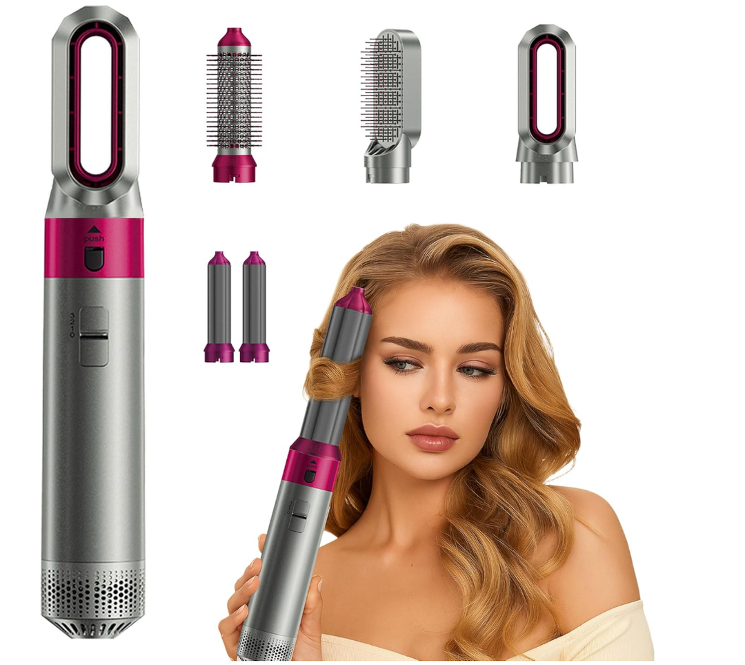 5 in 1 Hair Dryer Brush Set–Air Styler for Hair,Blow Dryer Curling Iron&Airbrush Hair Styler 5 in 1 with Ionic Technology,Detachable Hot Air Brush for Drying,Curling, Straightening (Rose red)