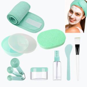 11 Pcs DIY Mask Mixing Tools Set Mixing Bowl, Headband, Spatula, Brush, Spray Bottle, Puff, Soaking Bottle, Measuring Tools, Bowl LidGreen