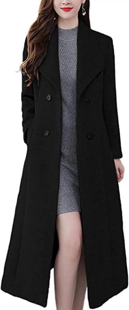SOMTHRON Women's Trench Coat Shawl Collar Double Breasted Maxi Long Pea Coat Winter Work Jacket Wool Blend Overcoat (Medium, Black)