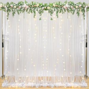 Tulle Backdrop Curtain with Lights: 2 Pcs 510ft White Sheer Fabric Background - Wedding Party Birthday Photo Decor (2 Panels)