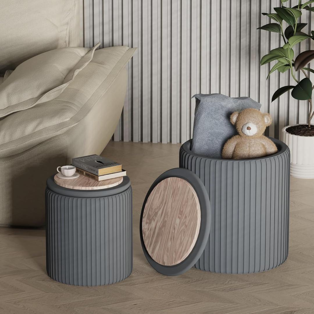 Round Set of 1 (15.5"x15") Ottoman with Storage-Upholstered Velvet Vanity Stool for Makeup Multifunctional Ottomans Coffee Table Padded Seat Foot Rest for Living Room&Bedroom