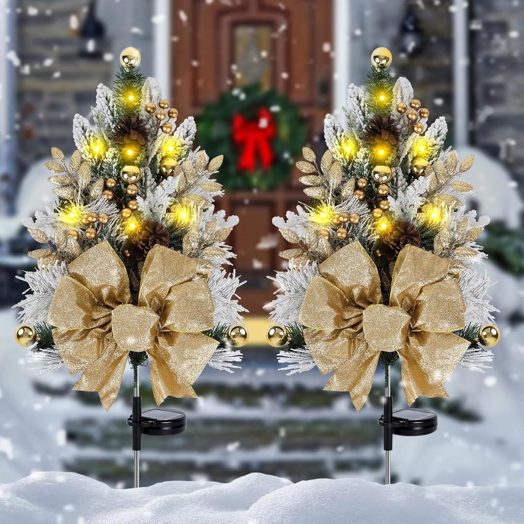 2 Pack Gold Outdoor Pathway Christmas Tree Urn Filler Solar Waterproof Cemetery Xmas Tree Faux Pine Cones Gold Christmas Ball Berry Pathway Light Ornament Stakes for Yard Garden Lawn Walkway Cemetery