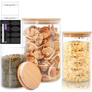 Glass Storage Containers with Lids,Glass Jars with Bamboo Lids, Canisters Set for Pasta, Nuts, Coffee Beans, Kitchen Pantry Organization Jar,Muti Size Set of 3,with Lables and Pen