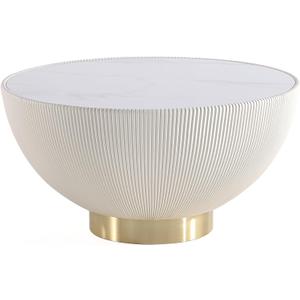 Manhattan Comfort Anderson Modern 28.15" Round Coffee Table 2.0 - Ceramic Marble Tabletop, Elegant Pleated Leatherette Details & Gold Base, Fully Assembled Accent Furniture, Set of 1, Cream