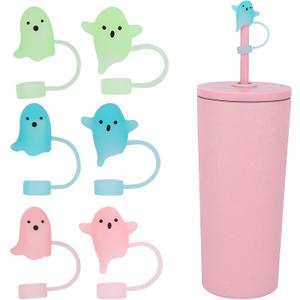 6pcs Halloween Ghost Straw Toppers for Stanley Cups, 0.4in Silicone Luminous Cute Fall Straw Covers Cap for Stanley 20/30/40oz Tumblers, Fun Halloween Cup Decorations and Party Gifts (3 Colors)
