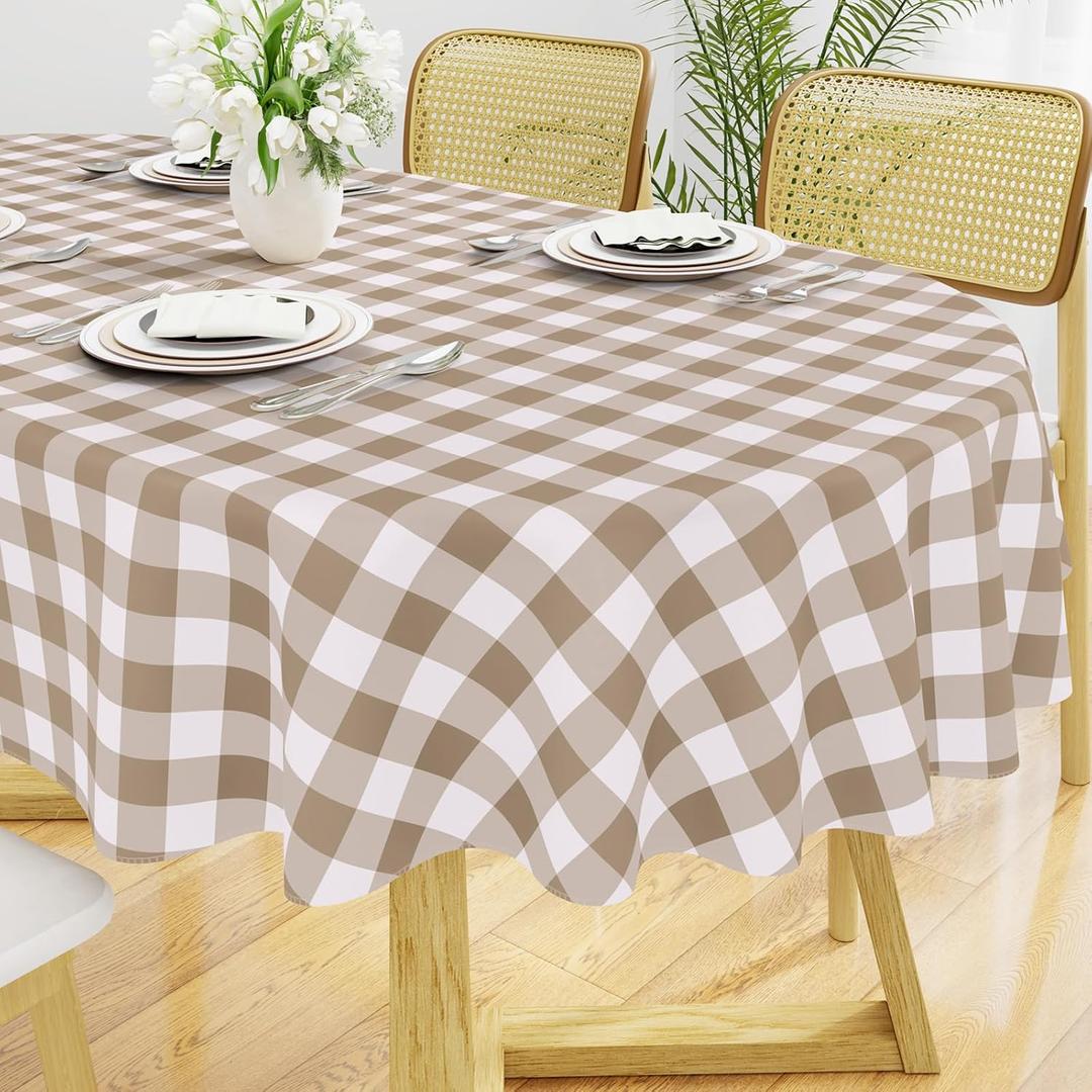 Smiry Oval Table Cloth, Waterproof Vinyl Tablecloths with Flannel Backing, Wipeable Buffalo Plaid Table Cover for Picnic, Indoor and Outdoor (Khaki & White, 60"x102")