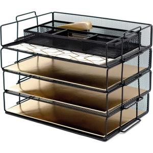 BLU MONACO 4-Tier Stackable Paper Tray | Black Metal Mesh Letter Tray File Holder | Desk Organizer for Office Organization | 14.8 x 13 x 10.9 in Workspace Document Storage
