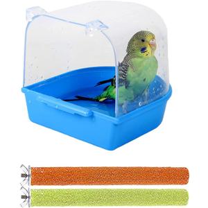 PINVNBY Parrot Bath Box Bird Bathtub Parakeet Bathing Tube with Bird Perches Stand Paw Grinding Cage Accessories Ideal for Small Birds Lovebirds Canary Finches(3 PCS Random Color)