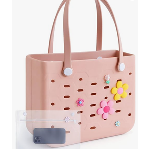 BAGSMART Beach Bag for Women, Water-resistant Rubber Tote Bag, Sandproof Vacation Essentials for Summer Swim Cruise Pool,  Pins are not Included (Medium, Pink)