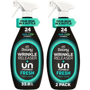 Downy Wrinkle Releaser Spray, All In One Wrinkle Release Spray, Odor Eliminator, Static Remover, Fabric Refresher & Ironing Aid for Clothes, 33.8 Fl Oz (Pack of 2), Unstopables Fresh Scent
