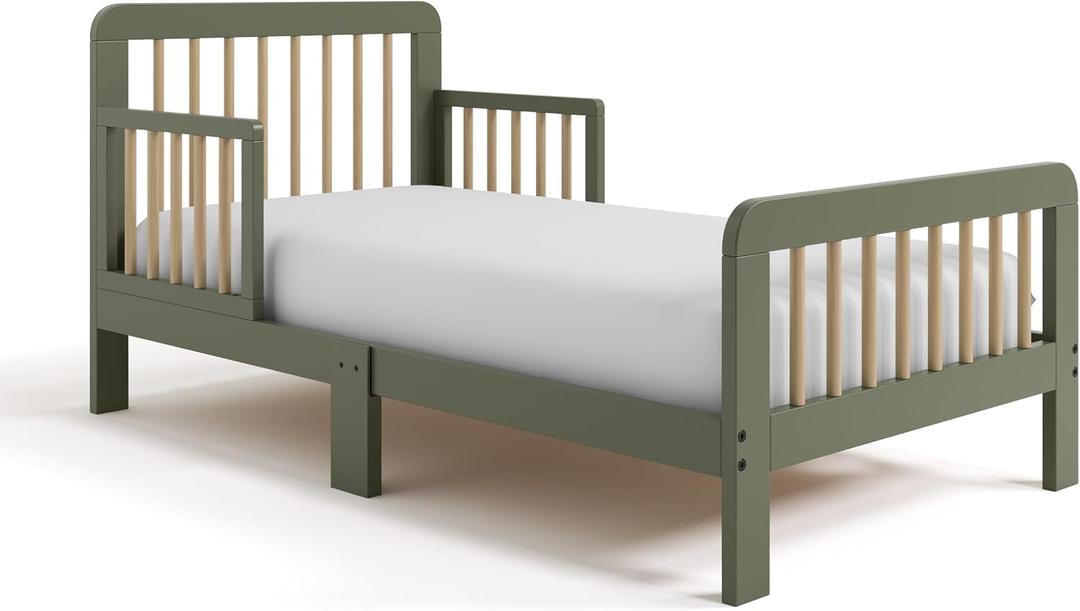 Storkcraft Pasadena Toddler Bed (Olive & Driftwood) - GREENGUARD Gold Certified, Fits Standard Crib Mattress, Toddler Rails Included, Complete Design with Headboard & Footboard