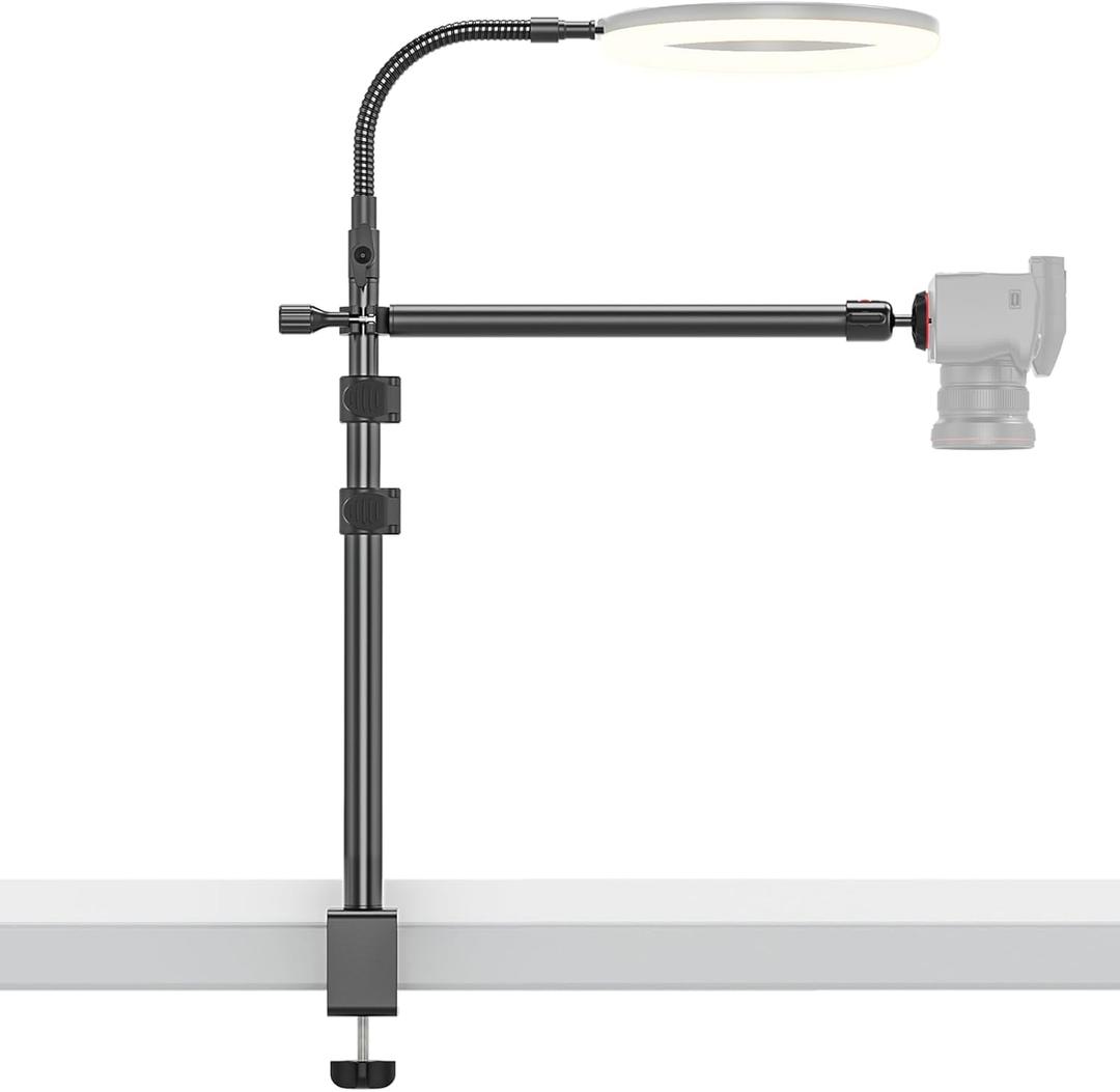Overhead Camera Mount Rig, 13.4-31.9" Height Articulating Arm Desk Camera Mount with C-Clamp and 1/ 4" Screws, 360° Rotatable Top Down Clamp Stand Holder for DSLR, Webcam, Digicam, Microphone