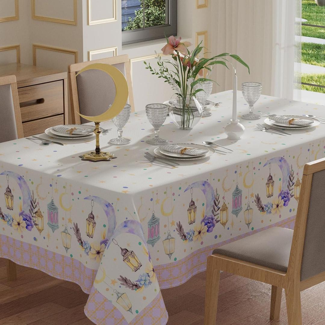 XCHI Moons Stars Lantern Flowers Ramadan Mubarak Tablecloth Rectangle Table Cloth Table Covers for Indoor Dining Home Party Decorations 60x84 Inch