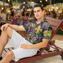 Purple Mardi Gras Short Sleeve Knit Casual Shirt for Men Mardi Gras Hawaiian Style Button Down Shirt for Man for Party Mens Mardigras Outfit (XXXL)