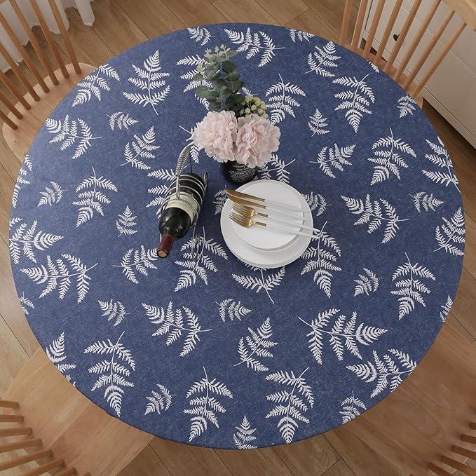 Round Vinyl Fitted Tablecloth, Waterproof Elastic Table Covers Wipeable Flannel Backed Tablecloths for Picnic Camping Indoor and Outdoor (Leaf, Prussian Blue, Fits 40" to 44" Diameter Tables)