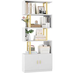 Yusong Geometric Bookcase with Cabinet, S Shaped Bookshelf 5-Tier Book Shelves for Bedroom, Modern Wood Decorative Display Shelf Tall Book Case for Home Office, Gold and White