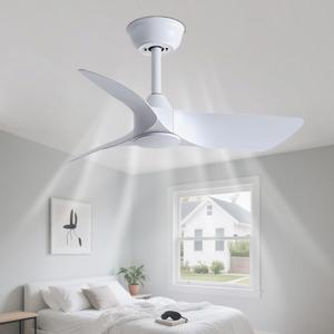 IBalody Small Ceiling Fan No Light Indoor/ Outdoor Quiet 30in Ceiling Fan Without Light Remote Control 6-Speed Ceiling Fans 3 Blades For Patios Living Room Bedroom, White